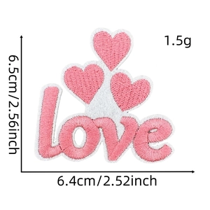 Pink heart embroidery patch with love text showing dimensions 6.5x6.4cm and 1.5g weight