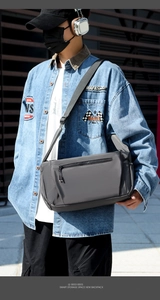Detail of waterproof matte nylon messenger bag with adjustable strap and zip pocket