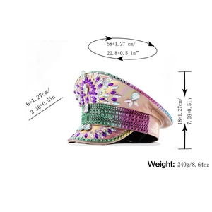 Detailed size chart of a pink captain hat decorated with vibrant rhinestones and gems