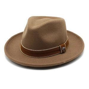 Classic camel wool felt fedora hat with brown suede band and metallic H detail
