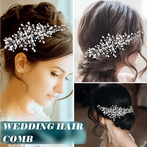 Detailed views of silver crystal bridal hair comb with beads and flower leaf patterns