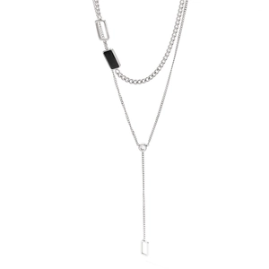 Double-layer silver Y-shaped necklace with black rectangular pendant and Cuban chain