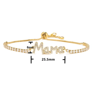 Detail of adjustable gold Mama bracelet with zircon micro-pave and slide clasp