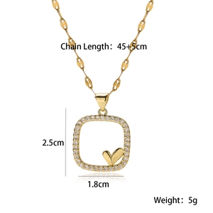 18K gold plated necklace with a geometric cubic zirconia square pendant and heart detail