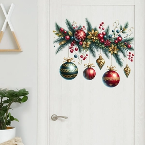 Christmas ball wall stickers with pine branches on white door for home holiday decor