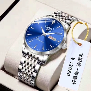 Detailed close-up of a blue dial business watch with steel strap and dual date window