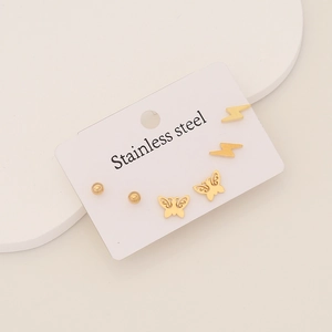 3-pair set of gold stainless steel stud earrings featuring ball, lightning, and butterfly designs