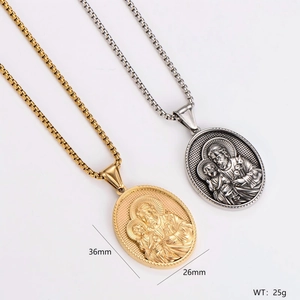 St Joseph Holding Baby Jesus Oval Pendant Necklace Stainless Steel Embossed Religious Relief Retro Jewelry For Men Women