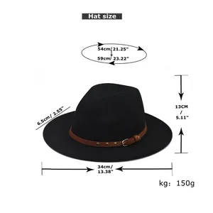 Classic black wool fedora hat with brown leather buckle strap and gold studs detail