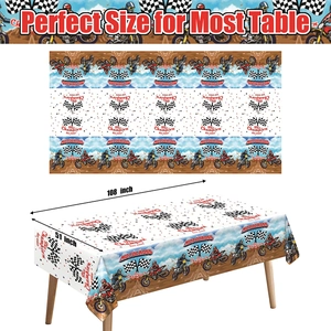 108x51 inch motocross themed tablecloth featuring racing stars and checkered flag pattern