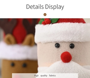 Close-up of high quality fabrics on Santa Claus and reindeer Christmas bottle covers