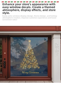 Golden snowflake Christmas tree static window sticker on glass door with Merry Christmas text