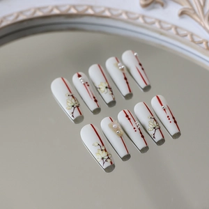 Elegant Chinese style white coffin press-on nails with yellow magnolia flowers