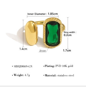 Détails de la bague en acier doré avec zircon vert et spécifications de taille