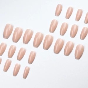 Pink short ballerina press-on nails with silver glitter gradient French tips, 24 pieces