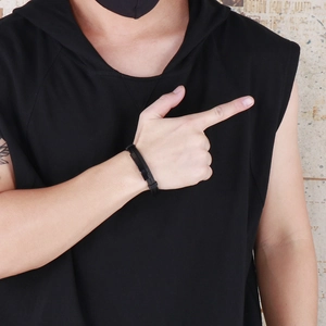 Men's double-layer braided leather bracelet with a matte black engravable metal plate