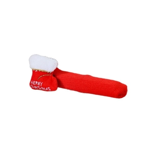 Festive red knitted Christmas handle cover with Merry Christmas embroidery and mini stocking
