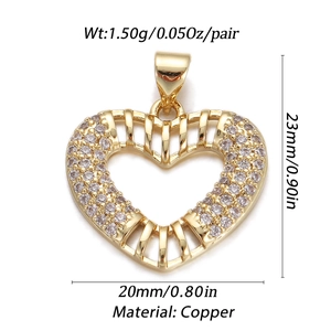 Detail of gold-plated copper heart pendant with colorful zircon stones and dimensions