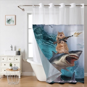 Detail of waterproof polyester shower curtain with reinforced metal rings and funny cat print