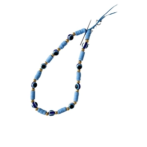 Bohemian evil eye phone charm with sky blue heishi beads and golden spacer beads