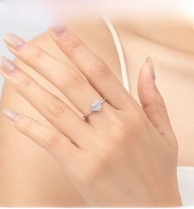 Close-up of S925 sterling silver heart ring with pavé sparkling diamonds on hand
