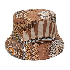 Close-up of bohemian bucket hat with vintage geometric tribal patterns and textures