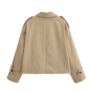 Short khaki trench jacket with classic epaulettes and back seam detail, rear full view