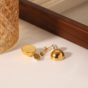 Elegant 18k gold plated stainless steel stud earrings with minimalist dome pearl design