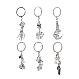 Detailed set of six silver Halloween metal keychains featuring spooky holiday charms