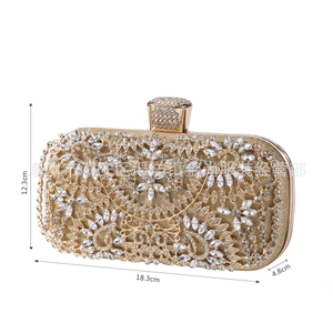 Detailed view of champagne evening clutch with rhinestone floral patterns and dimensions