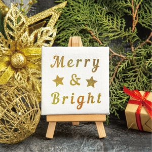 Mini Christmas canvas decor on wooden tripod with gold Merry and Bright print