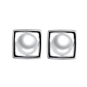 Elegant S925 silver square earrings with freshwater pearls on a white background