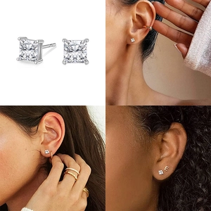 Detailed views of S925 silver square diamond studs and model wearing photos