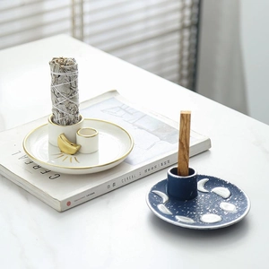 Keramik-Räucherschalen-Set mit weißem Mondtablett und blauem Sternenhimmel-Räucherkamin