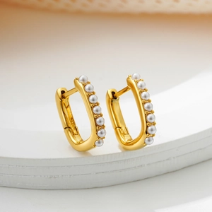 Geometric U-Shaped Hoop Earrings With Imitation Artificial Pearl 18K Gold Plated Minimalist Fashion Jewelry For Women Elegant