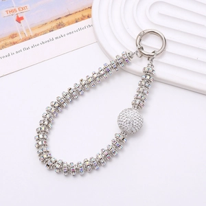 Luxury silver rhinestone phone charm strap with sparkling crystal bead and spring clasp