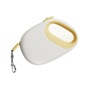 Retractable 5M dog leash in white and yellow with ergonomic handle and one-button lock