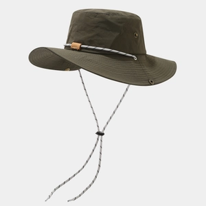 Detail of olive green sun hat with side metal vents and snap buttons for brim adjustment