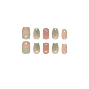 Short ballet ice cat eye press-on nails with pink and green gradient and plant patterns