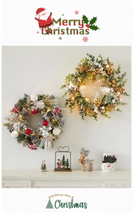 Close-up of lighted Christmas wreath and festive table ornaments with LED lights