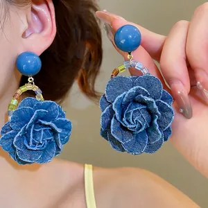 Boucles D'Oreilles Rose En Denim Avec Perles Colorées Et Tige En Argent Sterling 925 Style Bohème Vintage Pour Femmes