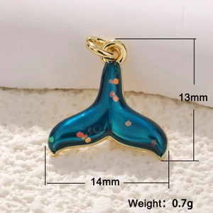 Blue whale tail charm with gold edge and glitter, size 13x14mm, weight 0.7g for DIY jewelry