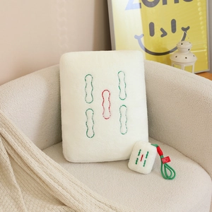 Creative Mahjong Wu Tiao plush pillow set with mini keychain on cream sofa decor