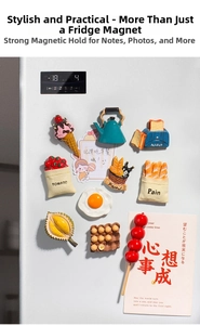 Close-up of 3D food-shaped resin fridge magnets including eggs and bread on white door