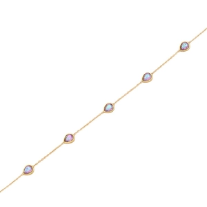 Collana dorata con cinque ciondoli a goccia d'acqua iridescenti in acciaio inox