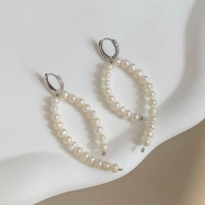 French style S925 silver baroque pearl earrings with elegant white pearl arched drops