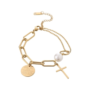 Golden double-layer chain bracelet featuring a cross charm, round plaque and white pearl