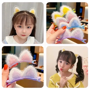 Plush cat ear hair clips in candy colors for girls, soft faux fur princess hair accessories