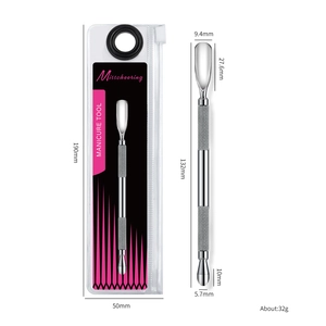 Dual-ended stainless steel cuticle pusher and nail cleaner tool with size dimensions
