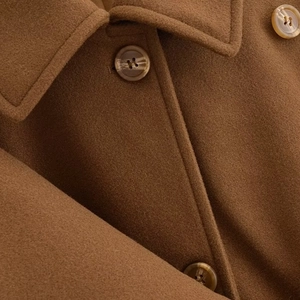 Short brown wool jacket for women with vintage lapel collar and glossy buttons